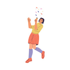 Young Woman Character Setting Off Confetti Firework Vector Illustration