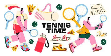 Tennis stickers and characters hitting the ball in sportswear. Sports equipment: racket, water, bottle, shuttlecock, sneakers, bag. People doing sports with a racket in their hand, cartoon stickers