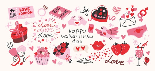 Cartoon stickers for St. Valentine's Day on February 14 in retro 90s style. Romantic elements, love envelope, hearts,love, gifts. Vector shapes set.	