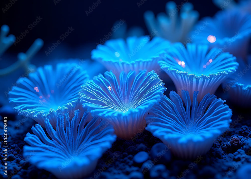 Poster glowing coral reef design features deep blue gradients and light mastery elements in 3d bioluminesce