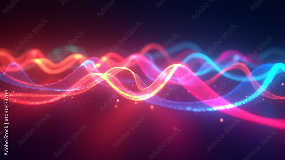 Poster Glowing curves and shapes in space create vibrant lights that move and twist together in a dynamic dance of color and light.