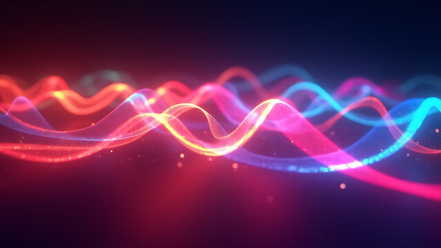 Glowing curves and shapes in space create vibrant lights that move and twist together in a dynamic dance of color and light.