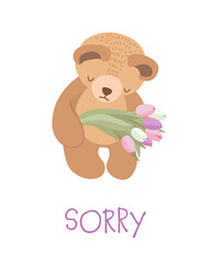 Sorry emotion. Teddy bear feeling really sorry. Apologize card.