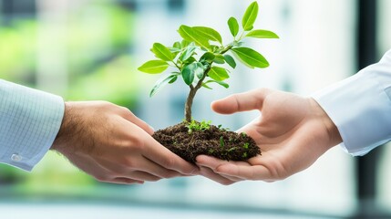 Hands exchanging a small plant symbolizes growth, collaboration, and environmental awareness in a modern setting.