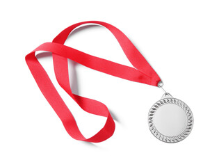 One silver medal isolated on white, top view