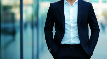 Stylish businessman standing confidently outside modern office building, dressed in tailored suit and shirt.