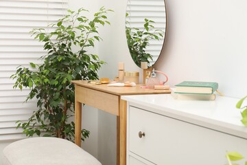 Mirror, dressing table, houseplant and chest of drawers indoors. Interior design