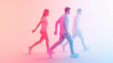 Obraz premium Stylized illustration of three people walking, featuring vibrant colors and a modern aesthetic, perfect for creative projects.