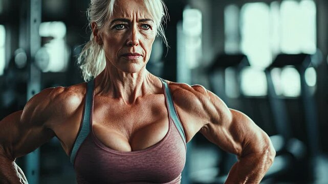 A woman in a gym stands with her arms flexed, showcasing her defined muscles