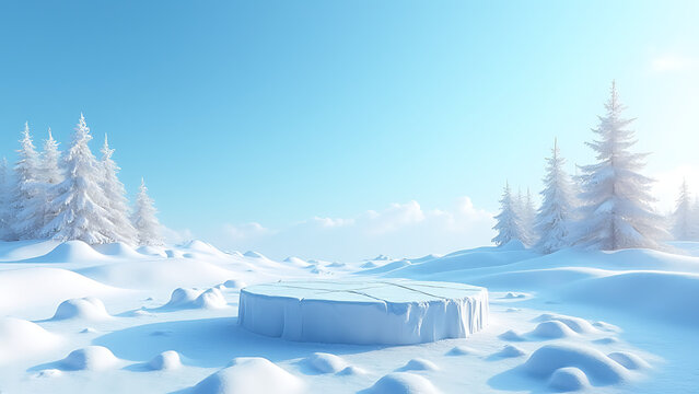 Ice podium sets in snowy landscapes with bright blue skies for winter themed presentations and product showcases outdoors