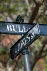 Street Sign in Savannah Georgia of W Jones St and Bull St