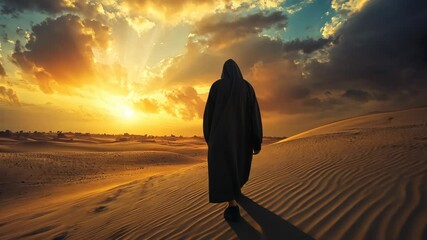 A lone figure walks across the desert sand dunes as the sun sets behind them