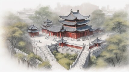 Serene sketch of traditional Asian temple surrounded by trees and hills on light background