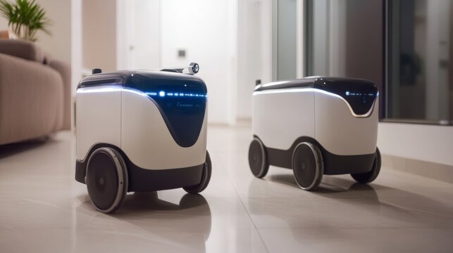 Two sleek delivery robots navigate a modern indoor space, showcasing advanced technology and innovation in robotics.