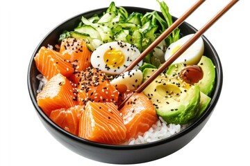 Salmon poke bowl with avocado  rice  Chuka Salad  and quail eggs