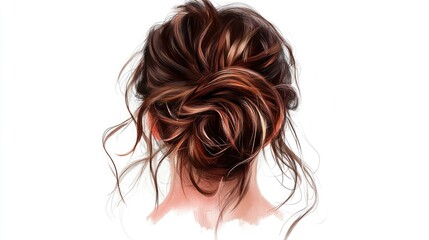 Naklejka premium Messy bun with loose waves, a casual and effortless women's hairstyle, isolated on a white background