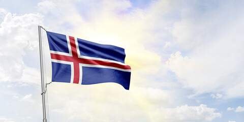 Iceland flag waving on sky background. 3D Rendering