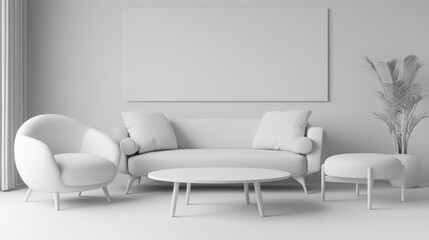 Minimalist Living Room Interior with White Furniture and a Plant