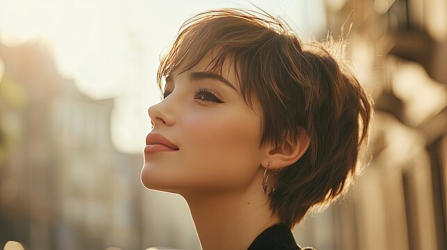 Short pixie haircut with layers, framing a woman face, perfect for a bold and fresh style that radiates confidence.