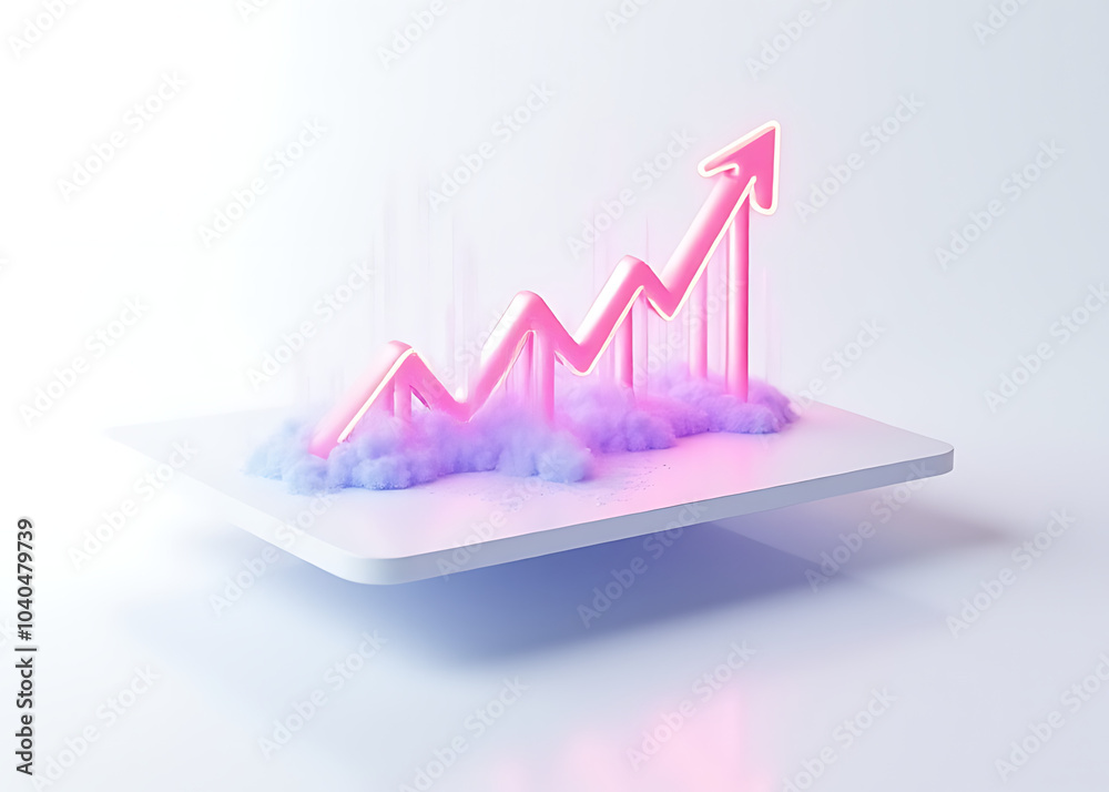 Poster Minimalist 3D floating tech icon features glowing data streams and growth patterns on isolated white background with ample copy space available.