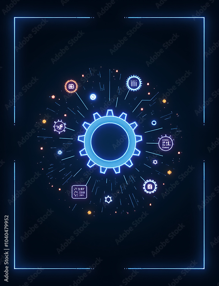 Poster Minimalist border frames glowing AI gear surrounded by floating growth icons perfect for tech business content visuals.
