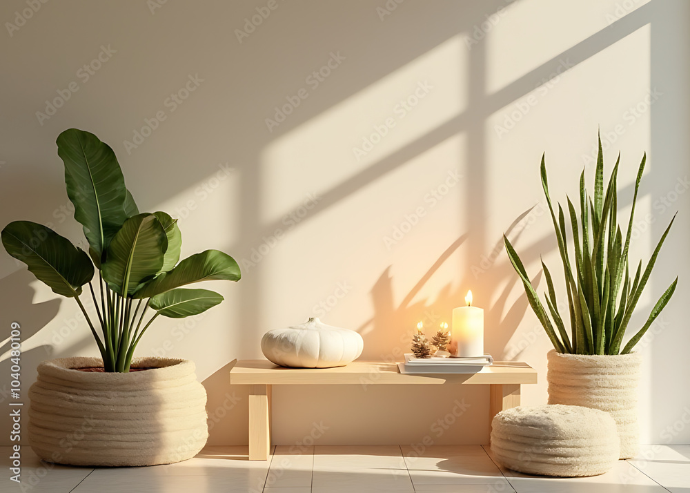 Poster Minimalist display features calming plants and soft lighting in a peaceful setting for a serene ambiance.