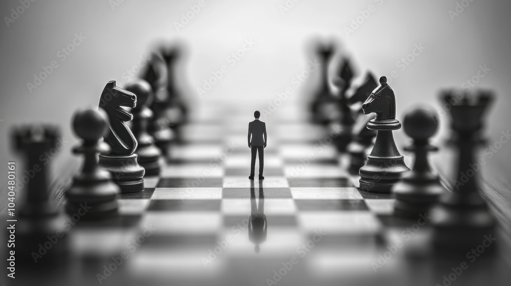 Poster a captivating shot of a person standing on a chessboard, with pieces representing various aspects of