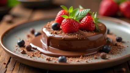 Brownie dessert drenched in hot chocolate and decorated with strawberries and mint leaves