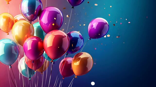A bunch of colorful balloons float against a blue and purple background