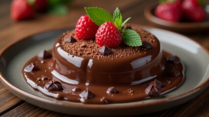 Brownie dessert drenched in hot chocolate and decorated with strawberries and mint leaves