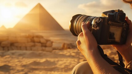 Fototapeta premium tourist holding a camera, capturing the ancient grandeur of the Great Pyramid