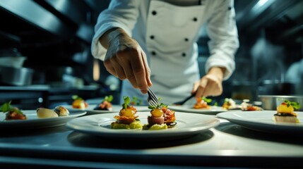 A chef exploring global culinary traditions through fusion cuisine and innovative cooking techniques in a cosmopolitan kitchen, Culinary fusion scene, Gourmet style