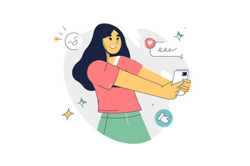 Happy Character girl Chats On Cellphone Friends. Stylish colorful Flat Cartoon Vector Illustration. Stylish colorful