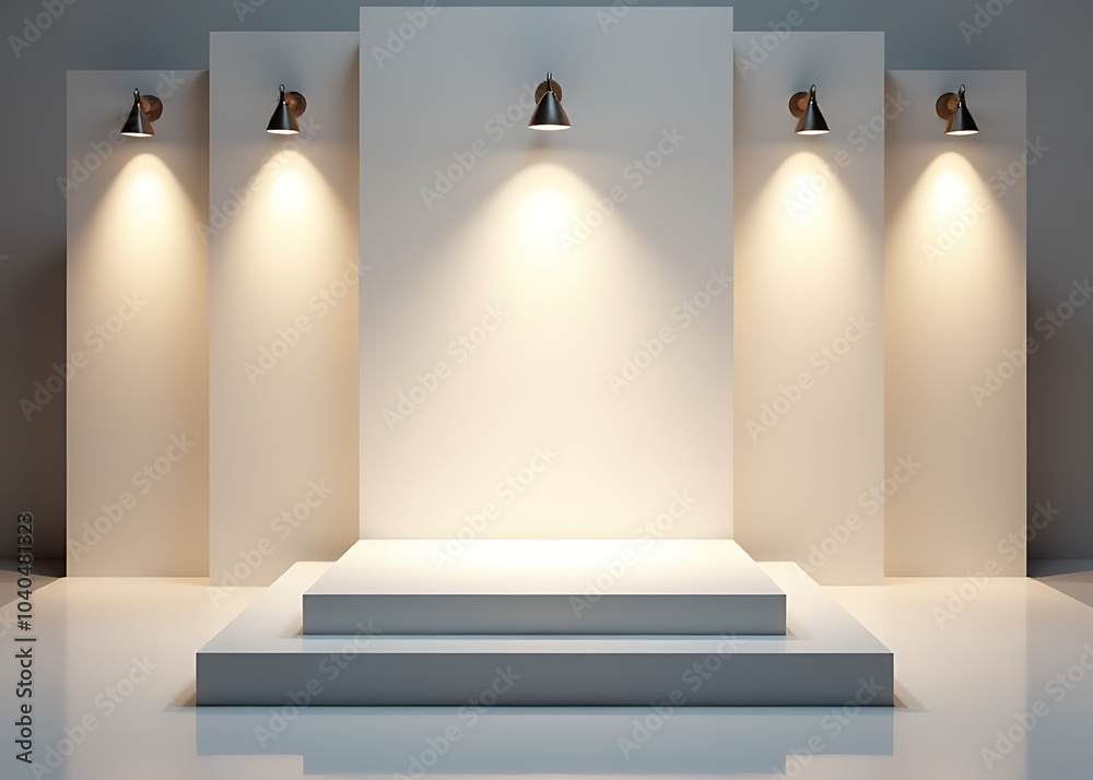 Poster Modern square platform features a 3D rendered light setup for product display in sleek architectural design.