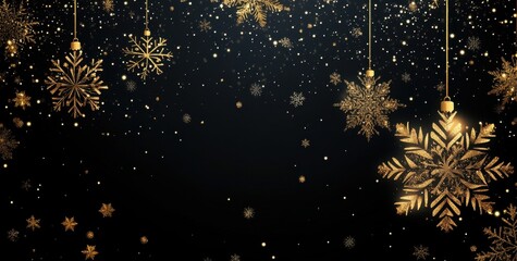 Naklejka premium A black background with golden, glittering snowflakes hanging from the corners, creating an elegant and festive atmosphere for Christmas or New Year's celebration designs Generative AI