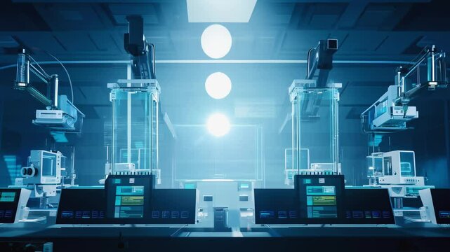 Research lab illuminated by backlight, showcasing robotic arms in a futuristic environment, casting shadows while working on high-tech equipment