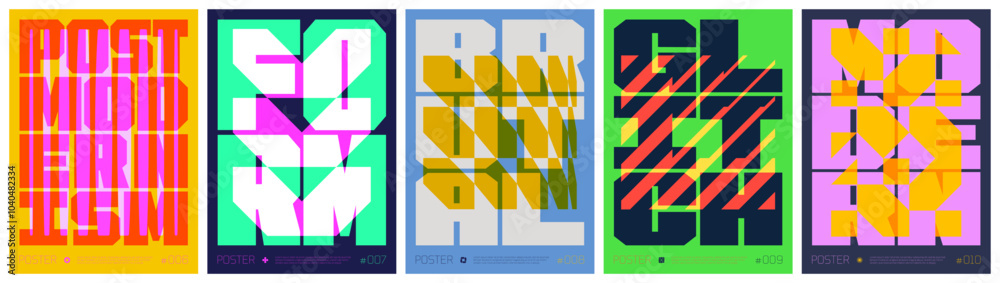 Fototapete Lettering composition colorful trendy poster, abstract geometric acid graphic in Y2K aesthetics, vector simple shapes rave print artwork modernism and minimalistic brutal style A4 format set 2