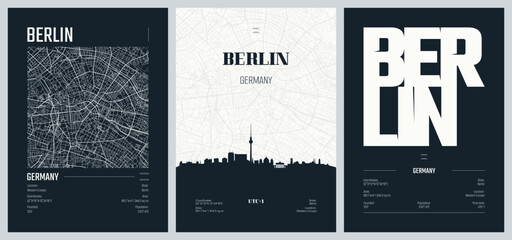Set of travel posters with Berlin, detailed urban street plan city map, Silhouette city skyline, vector artwork, set 2 © max_776