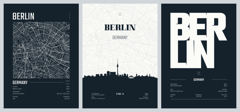 Set of travel posters with Berlin, detailed urban street plan city map, Silhouette city skyline, vector artwork, set 2