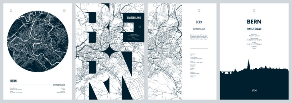 Set of travel posters with Bern, detailed urban street plan city map, Silhouette city skyline, vector artwork
