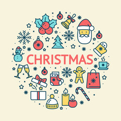Fototapeta premium Christmas Sign Round Design Template Color Thin Line Icon Banner. Vector illustration of Celebration Winter Holiday Concept