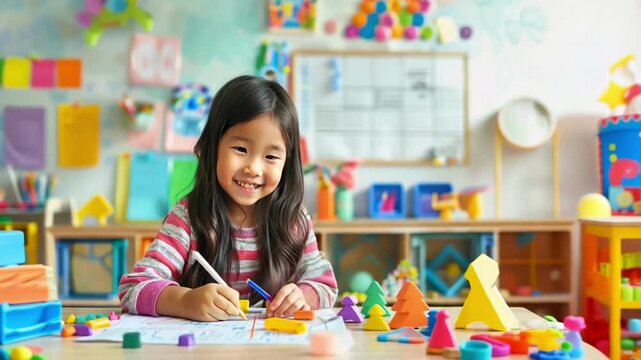 A young girl is sitting at a desk in a classroom, smiling and holding a pencil