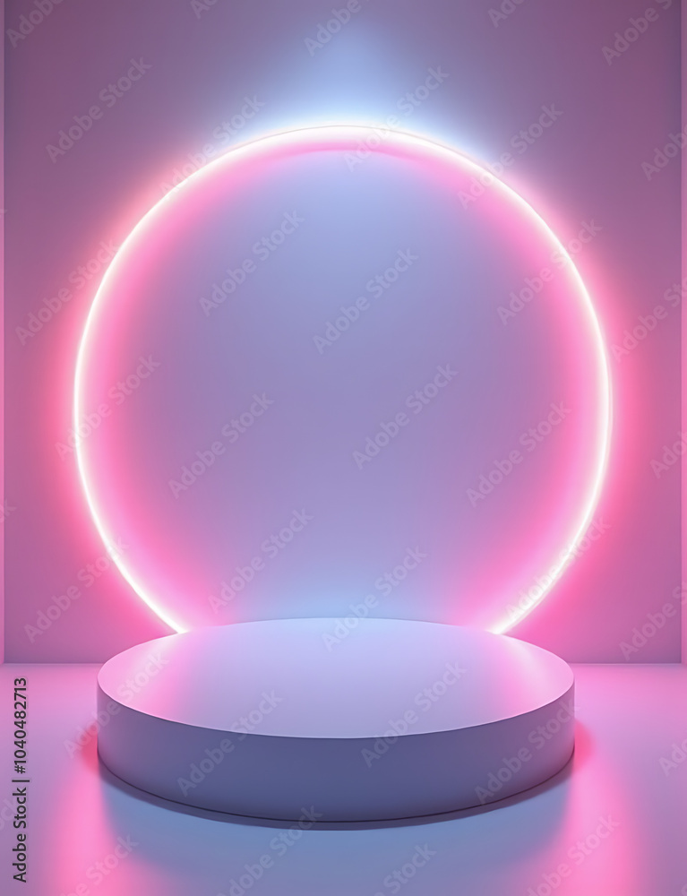Fototapete neon lights surround a sleek white round podium in a modern interior setting for precise visual rend
