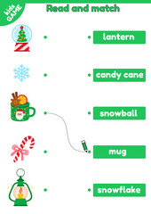 Christmas educational kids game learning english. Read, match Xmas objects and words. Cartoon candy cane, holiday mug and others. Worksheet for practice reading. Task for education children. Vector.