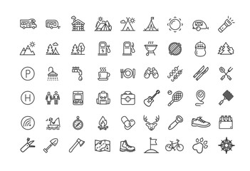 Camping Hiking Sign Black Thin Line Big Icon Set Include of Map, Compass, Signpost, Guitar and Car. Vector illustration