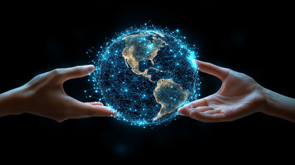 Two hands holding a glowing, networked digital globe, symbolizing global collaboration, technology, and shared responsibility for the future
