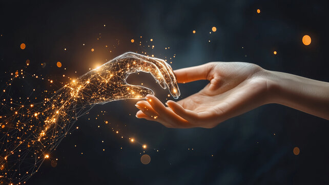 Digital wireframe hand reaching toward a real human hand, symbolizing the merging of physical and digital worlds and human-technology interaction