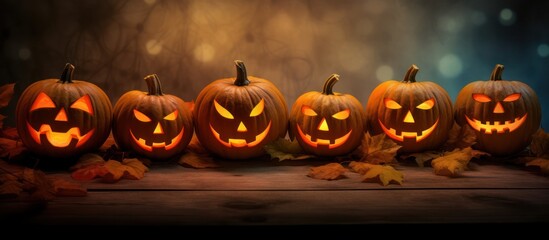 Six lit jack-o-lanterns with spooky faces, surrounded by fall leaves, on a wooden table.