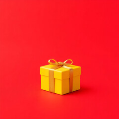 Obraz premium Yellow gift box on red Background background, Christmas or New Year