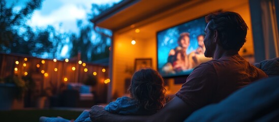 A man and a child watching a movie outside at night.